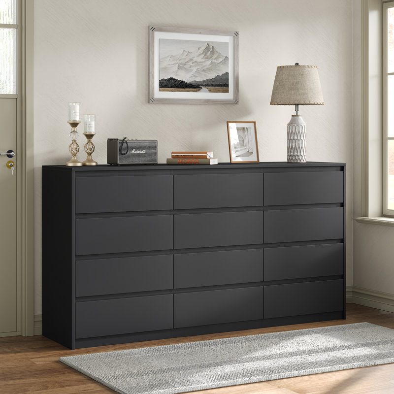 Commode double à 12 tiroirs Teasley, l 63 po pour chambre à coucher, Noir