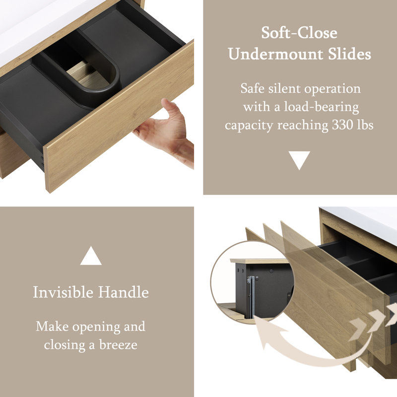 Meuble-lavabo flottant 72 po avec lavabo, meuble-lavabo, surface solide, deux lavabos, quatre tiroirs à fermeture en douceur, chêne naturel, design minimaliste moderne, espace, comptoir en résine