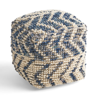 Wool And Cotton Pouf In Natural Blue, 16X16x16, 200Lb Capacity, Fully Assembled, Spot Clean Only, Bead Filling Blue Square Cube Pouf, Content