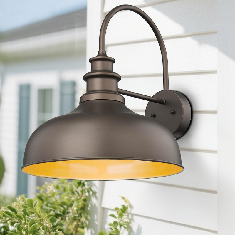 16 Inch Dome Large Outdoor Barn Light Farmhouse Outdoor Wall Sconce (Oil Rubbed Bronze+Gold, 16” Dome-2 Pack)