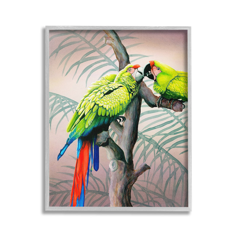 Perroquets jouant sur une branche, estampe numérique par Christine Reichow, H 20 po x l 16 po, Giclée encadrée noir minuit