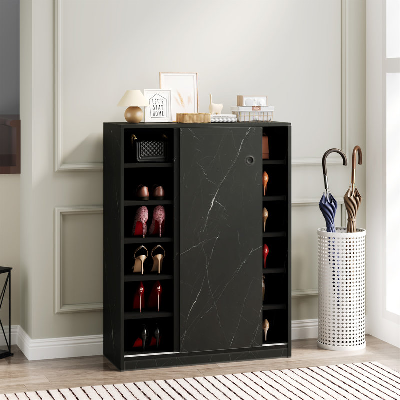 Marble Black  Shoe Cabient With Sliding Door Have 6 Layers Can Storage At Least30 Pairs Shoes, Black