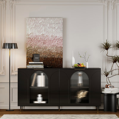 Trin Modern Lacquer Accent Cabinet with 4 Glass Doors – Adjustable Shelves Buffet Sideboard for Living Room, Dining Room, Entryway