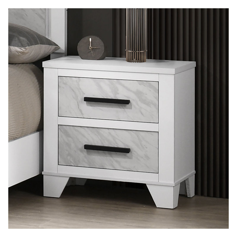 Table de chevet blanche avec insertions en faux marbre et poignées noires - Table de chevet à 2 tiroirs avec glissière centrale en métal