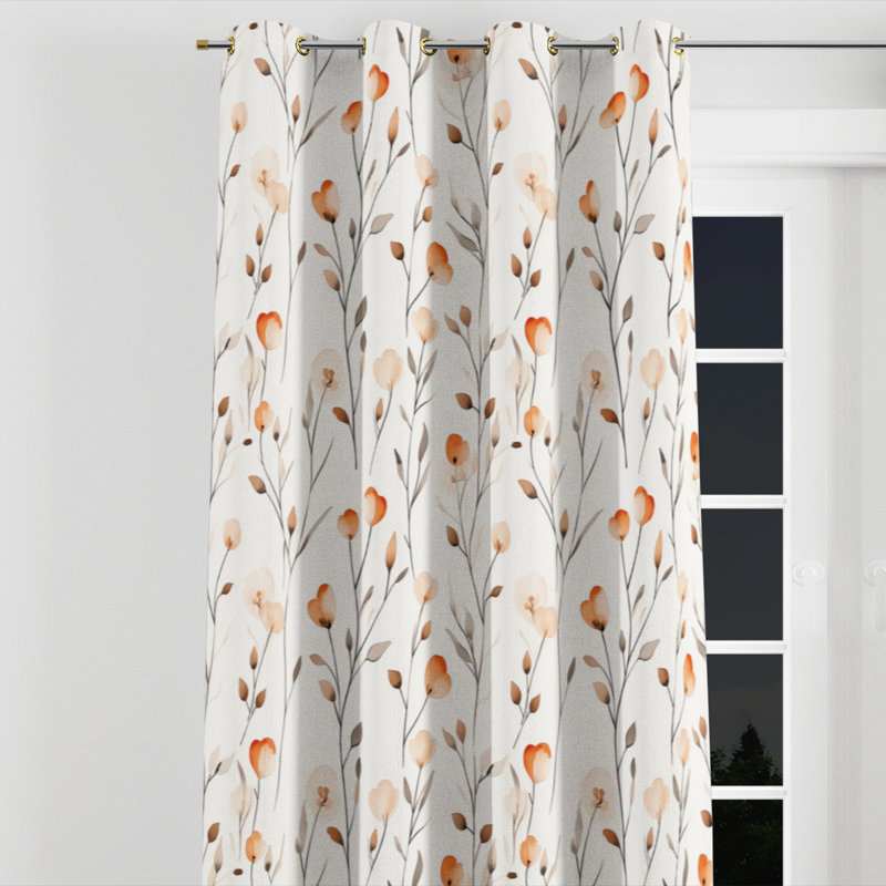 Floral Window curtains - Country Farmhouse Peach Stemline Grommet Curtain - 1 Panel, Gold Grommets, 52" W x 63" L