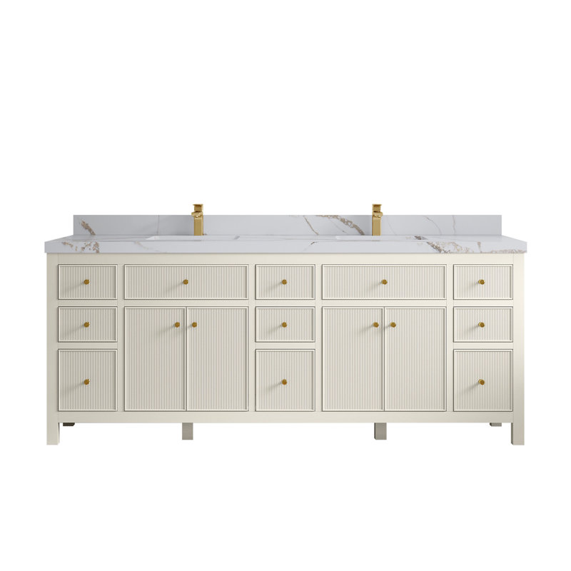 Meuble-lavabo double 84 po avec plateau Sonoma, Or Calacatta
