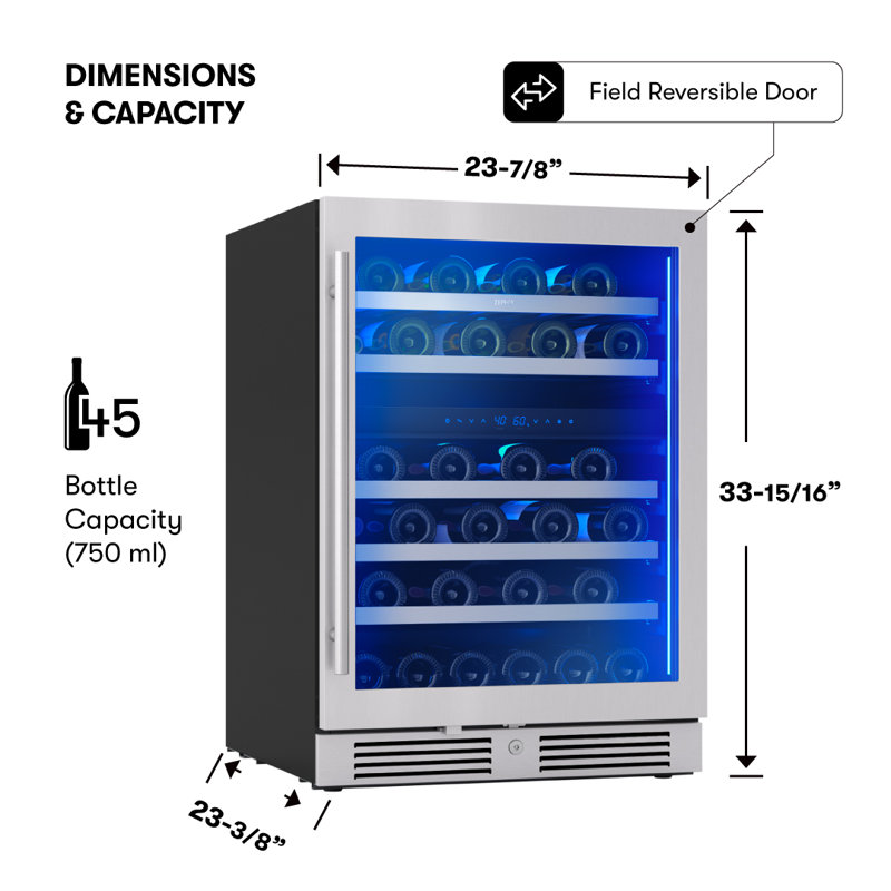 Zephyr Presrv 24" 45-Bottle Dual Zone Wine Cooler, Stainless Steel