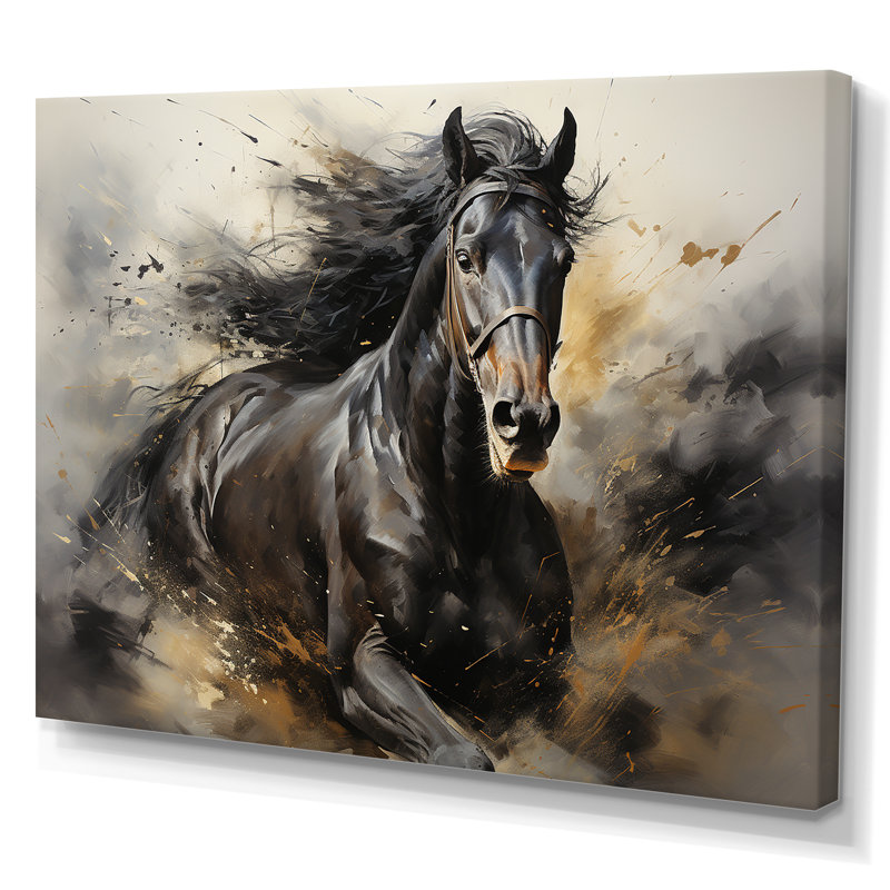 Étalon noir en mouvement I - cheval, art mural, Toile tendue, H 30 po x l 40 po x P 1,5 po