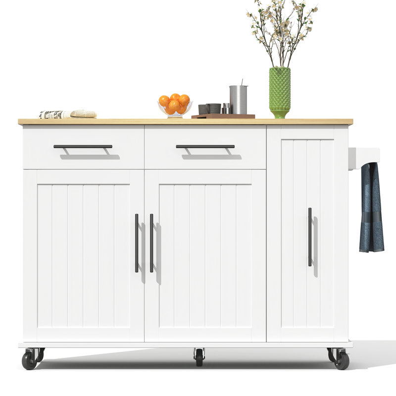 Kitchen Island With 2 Drawers And 2 Doors White, White