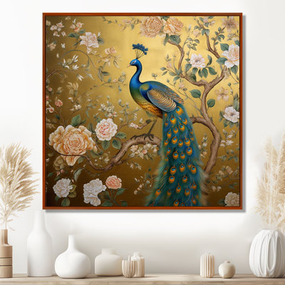Grand paon majestueux sur fleurs dorées rétro - art mural paon
