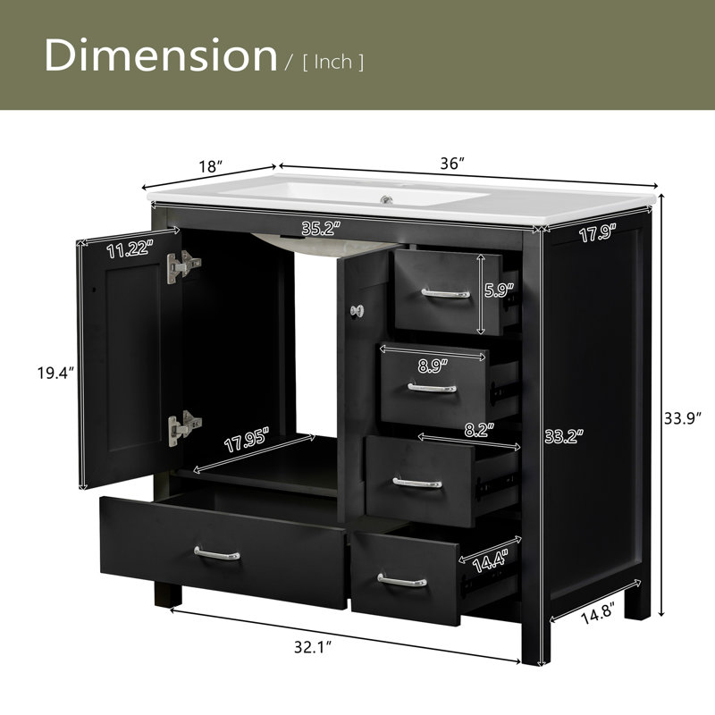 Meuble-lavabo noir 36 po avec lavabo en céramique