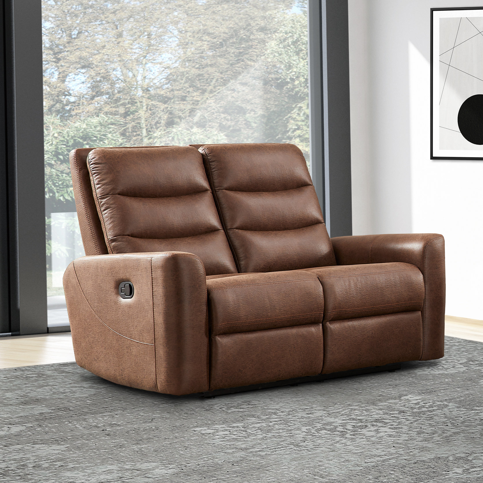 Ilkeston 79 Wide Manual Recliner Sofa Luxurious Cognac Leather with  Integrated Cup Holders Family Comfort