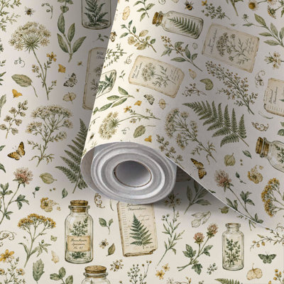 Peel and Stick Wallpaper Contact Paper Vintage Botanical Ferns Dandelions Wildflowers Bees Glass Jars Cream Self Adhesive and Removable 17.7in x 118in(45x300cm)