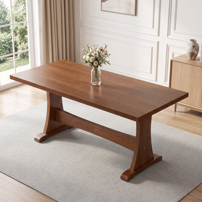 67.7" Mid‑Century Modern Rectangular Dining Table, 300 lbs Heavy‑Duty Brown Wood Grain MDF Kitchen Table with Stable Trestle Base for Dining Room & Home Kitchen