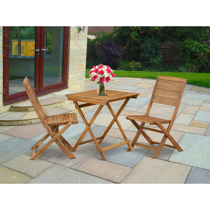 3 Piece Outdoor Conversation Bistro Set Includes a Square Acacia Wood Coffee Table and 2 Folding Side Chairs, Natural Oil