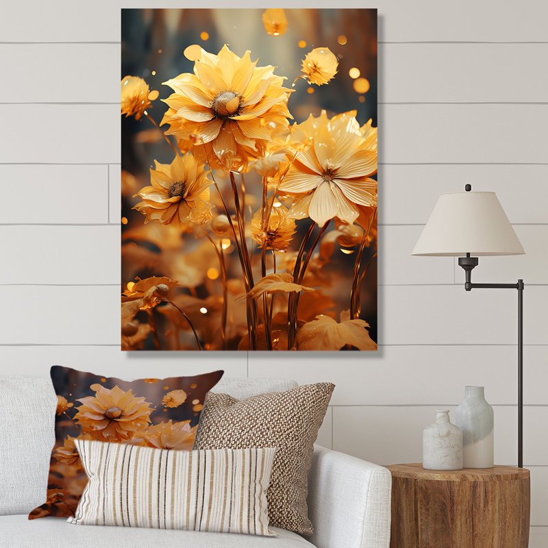 Tournesols dorés transparents sur toile, Toile tendue, H 32 po x l 24 po