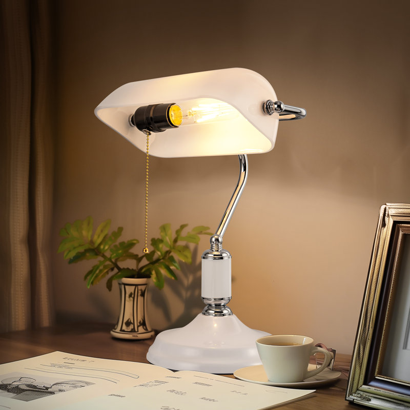 Lampe de banquier en verre noir avec garniture dorée et interrupteur à chaîne, lumière de bureau réglable pour bureau, bibliothèque ou bureau