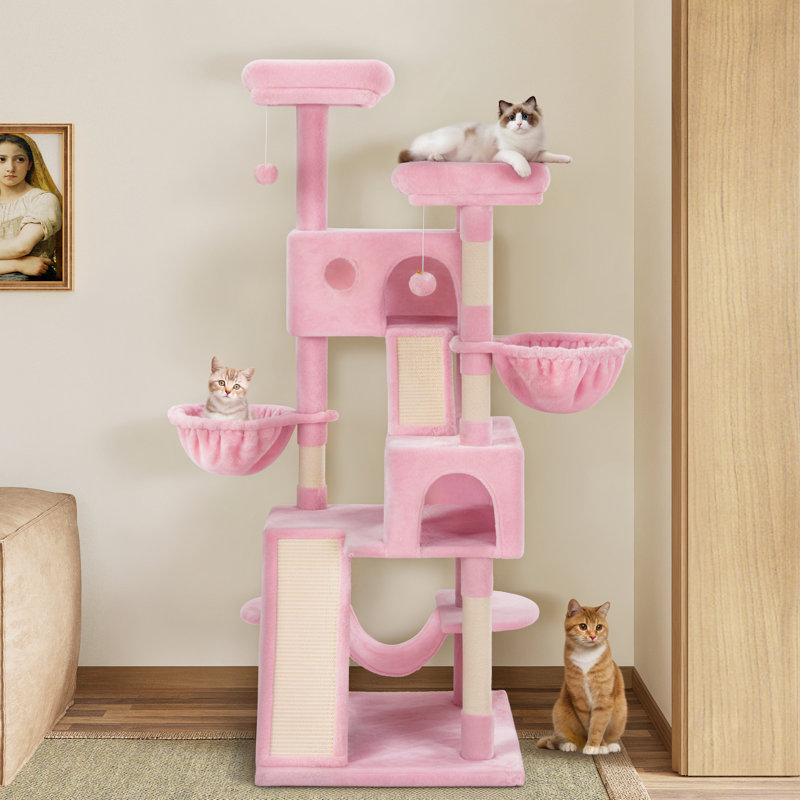 Arbre à chat avec poteaux à griffes et poteaux à griffes 65,7 po H inclus avec plateformes et hamac, Rose
