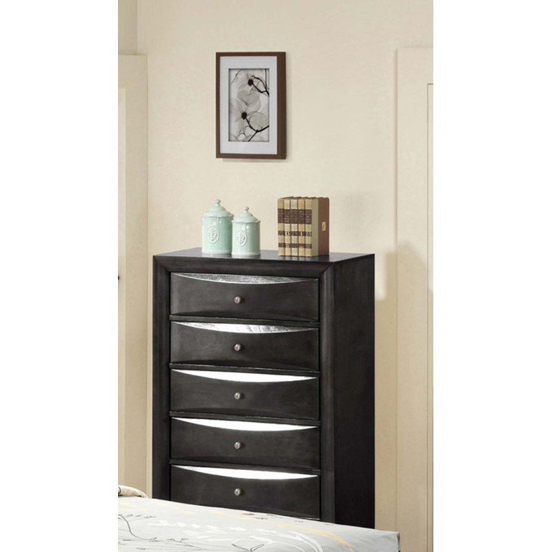 1Pc Contemporary 5 Drawer Chest Black Finish Wood Wooden Bedroom Furniture, Black