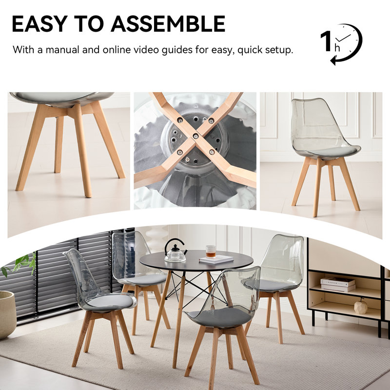 Ensemble table et chaises rondes 5 pièces pour 4 personnes, table noire de 80 cm avec chaises en bois acrylique gris, gain de place pour appartement ou bureau à domicile