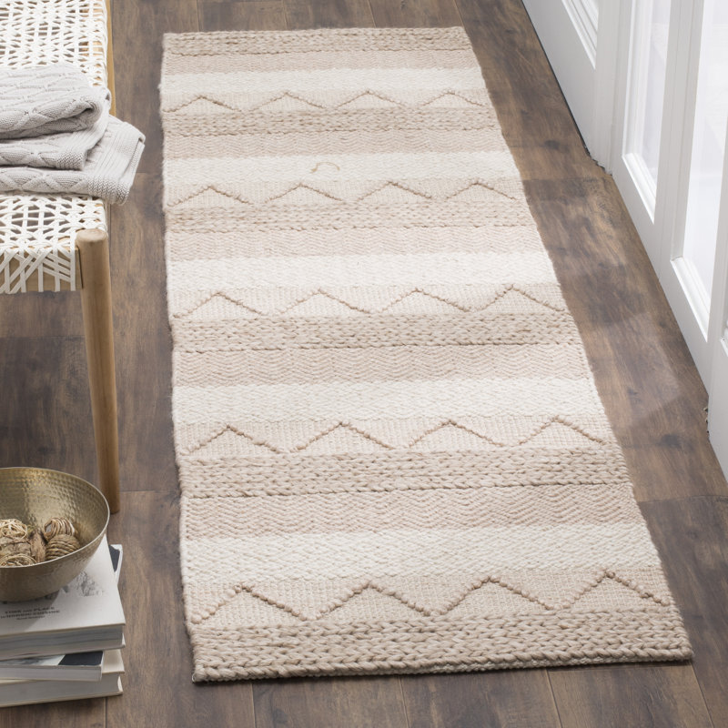 Laine tissée à la main / viscose / coton jacques. Tapis rayé beige, Tapis de couloir 2 pi 3 po x 8 pi