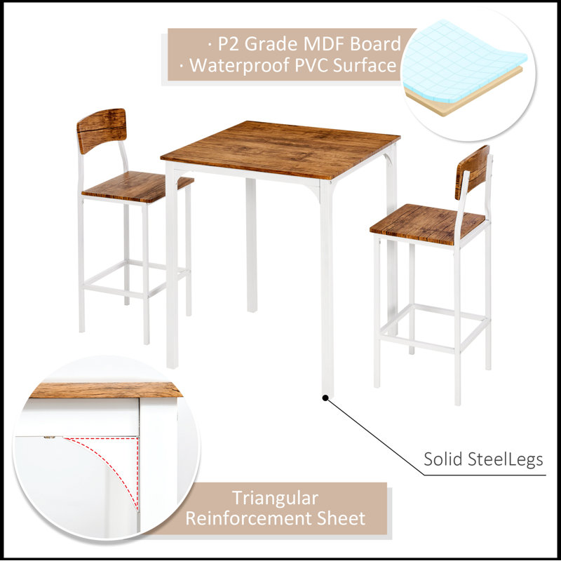 Industrial White Pub Table Set with 2 Chairs