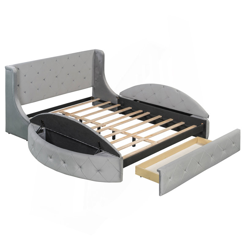 Jakayle 3 Drawers Upholstered Platform Bed with Wingback Headboard and Side Bench, Gray