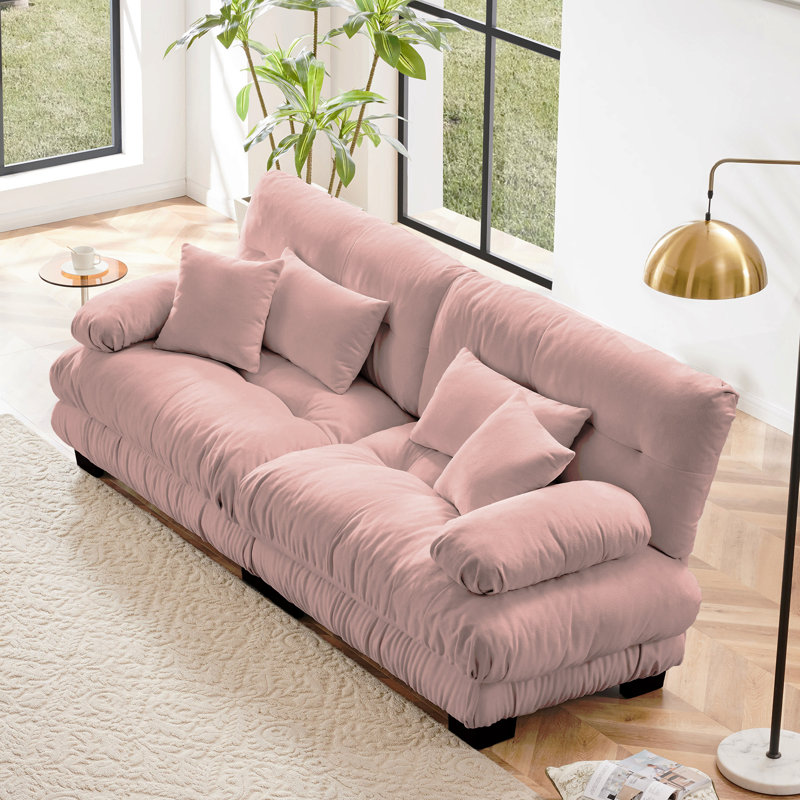 Canapé 2 places pour le salon, canapé 2 places en chenille avec 2 coussins lombaires et 2 coussins décoratifs, chenille rose