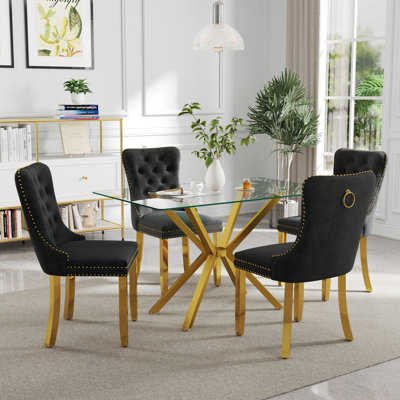 Ensemble de table de salle à manger rectangulaire moderne en verre trempé, table de salle à manger transparente avec chaise en velours