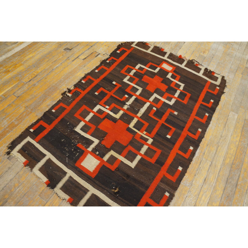 Bold Charcoal and Red Antique Flat Weave Tribal Geometric Native American Navajo Rug