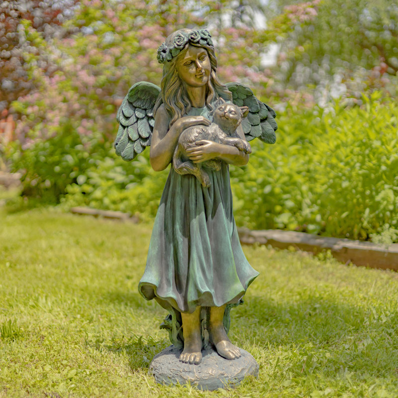 Nicole Angel Holding Kitten Magensium Garden Statue, Bronze/Teal