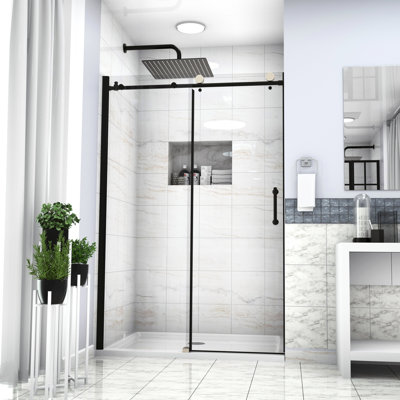 Cabine de douche l 48 po x H 76 po en noir mat. Verre trempé. Rouille - poignée en acier inoxydable. Convient à diverses salles de bain. Réglable pour le mur. Poignée d'accessoires résistante. Multiples inégales