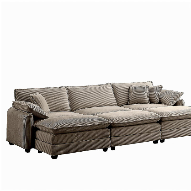 Très grand canapé modulaire en mousse, avec 3 repose-pieds comme canapé-lit, canapé 3 places avec 3 repose-pieds, tissu en velours côtelé beige