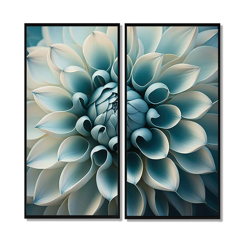 Bleu, blanc, fleurs de dahlia I - grand art mural dahlia 2 pièces, 40'' H x 40'' W, Impression encadrée flottante, Black