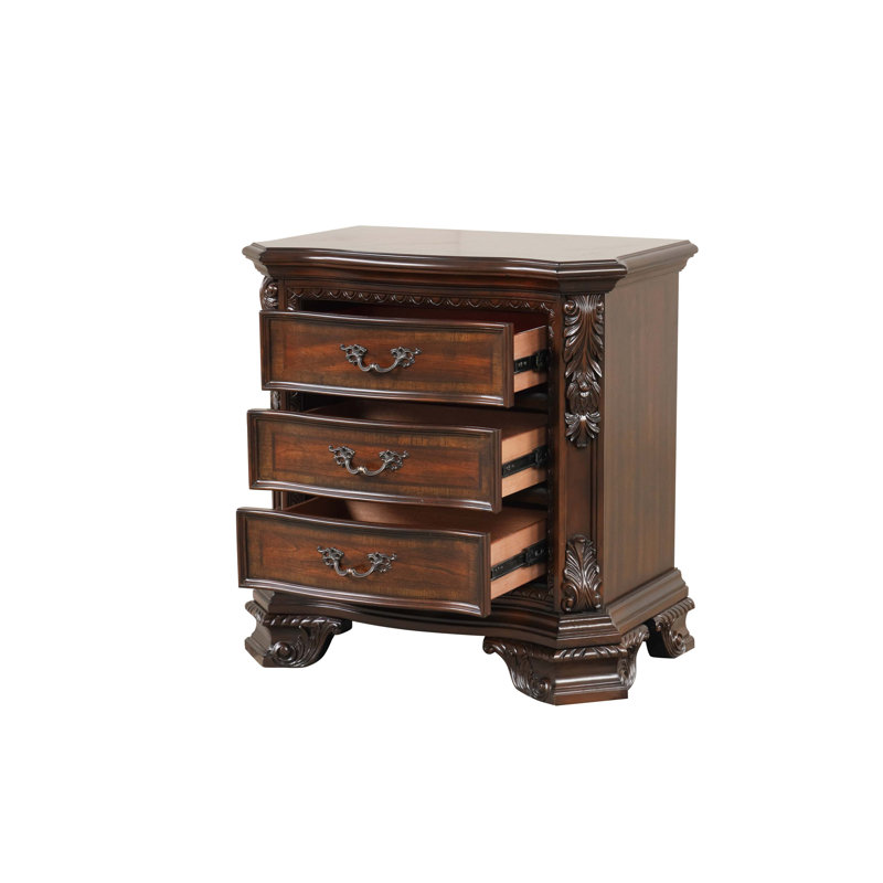 Table de chevet 3 tiroirs de style traditionnel avec poignées en métal