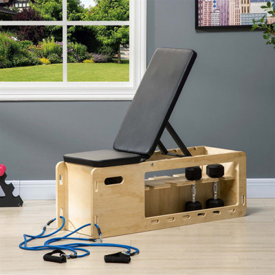 Soozier Adjustable Weight Bench with Storage Rack and Resistance Rope, Ideal for Home Gym and Strength Training