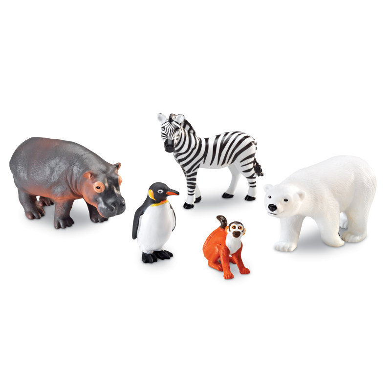 Jumbo Zoo Animal Figures Set with Polar Bear, Zebra, Hippo, Monkey, and Penguin