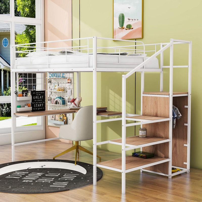 Lit mezzanine en métal avec bureau et armoire Ardella, Double, Blanc