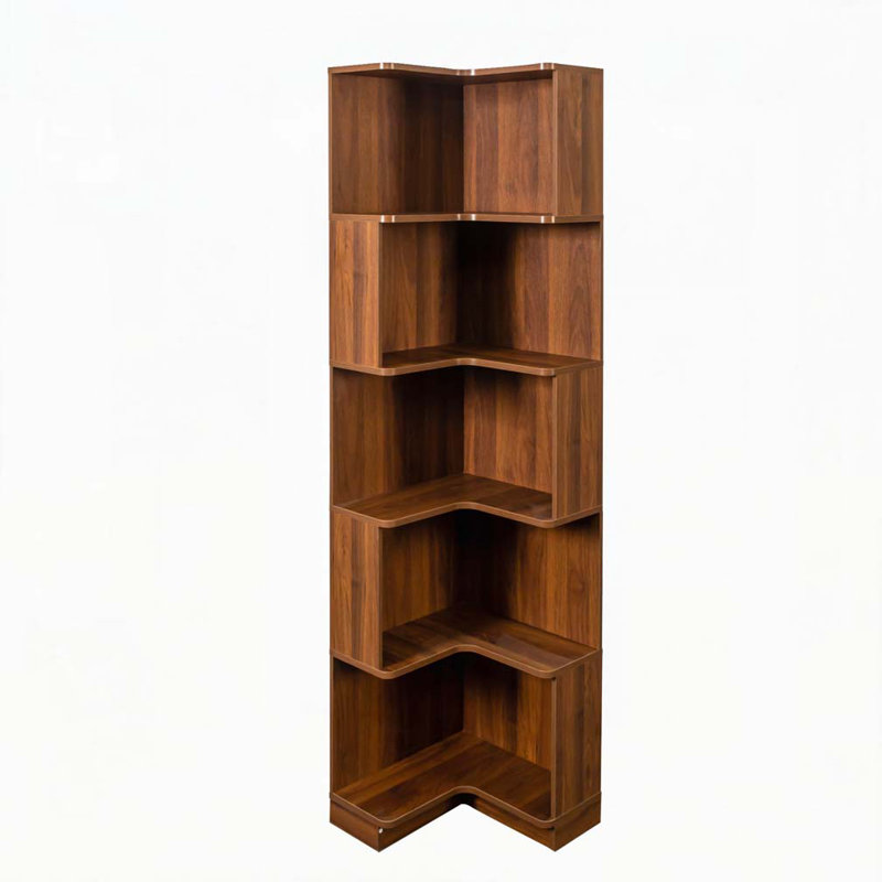 5 Tier Corner Bookshelf Bookcase with Baffle, Walnut