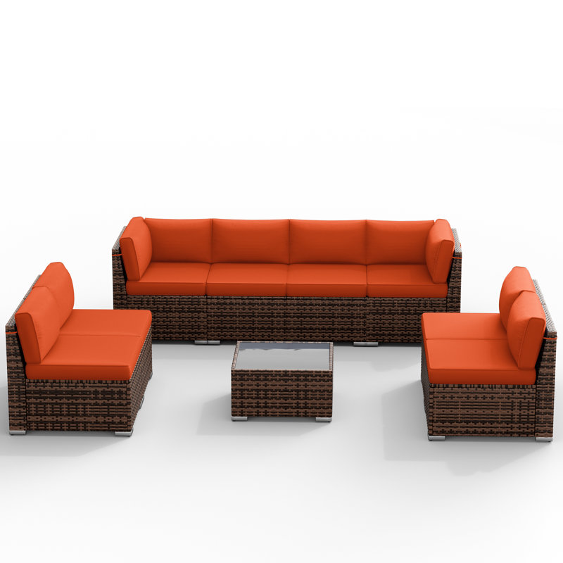 Avamay Rattan Sectional Seating Group with Cushions, Orange Performance Microfiber, No