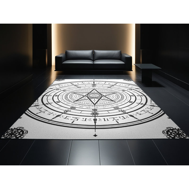 Machine Washable Wimberley Magic Circle On Ground Modern Geometric Rug in Gray – Black Binding, 2x5