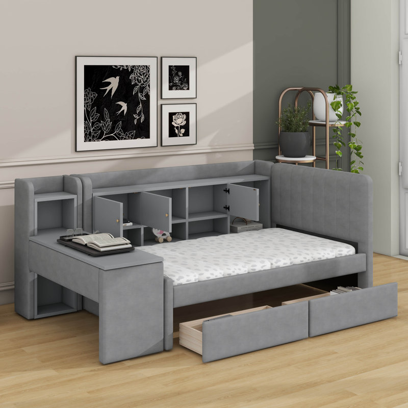 Lit de jour simple tapissier avec tiroirs, tablettes, armoires rabattables et table d'appoint, Gris