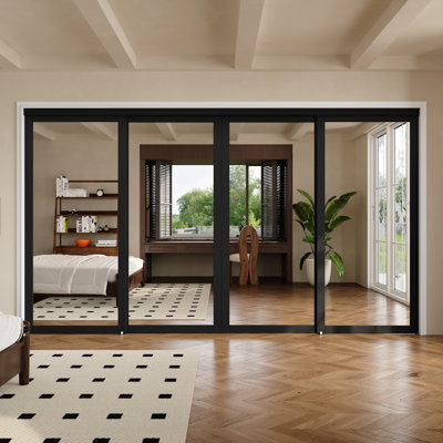 Porte de garde-robe coulissante noire 60 po x 80 po avec miroir complet, quincaillerie complète incluse, assemblée et prête à l'emploi
