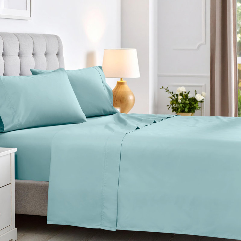 Ensemble de draps en coton mélangé 600 fils, Ensemble de draps pour lit double + drap-housse + , Bleu clair