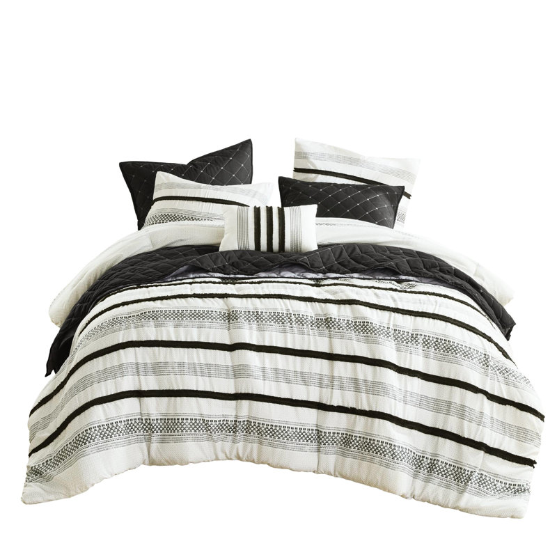 Ensemble de literie à rayures 7 pièces pour très grand / très grand lit. Fabriqué en microfibre. Assure un confort durable. Et stable. Motif charmant. Convient à divers esthétiques de chambre à coucher. Pour réduire le rétrécissement. Simple Simple King -