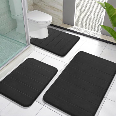 Ensemble de 3 tapis de salle de bain en mousse viscoélastique noire, tapis de toilette pour salle de bain à séchage rapide absorbant et antidérapant extra doux