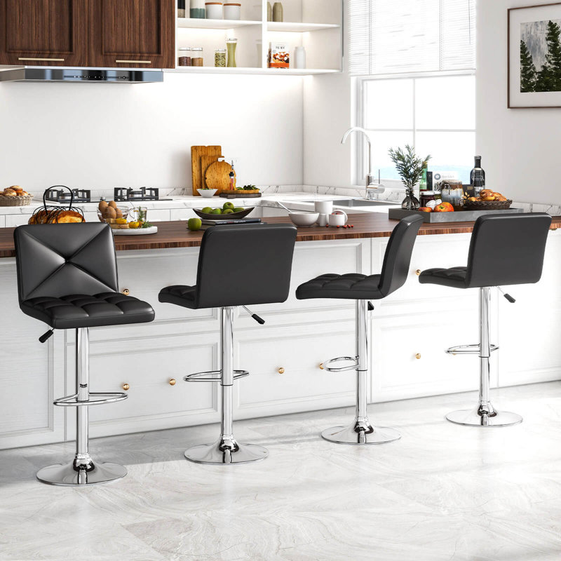 Modern Bar Stools Set Of 2 Pu Leather Upholstered Swivel Counter Stools With Back, Black