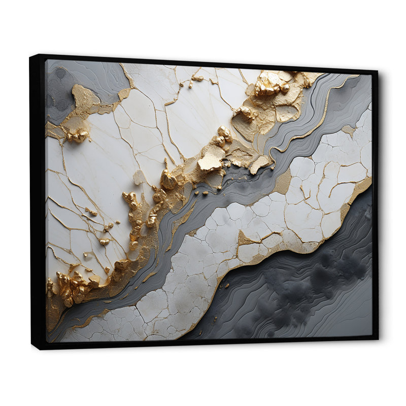 Minimalism White Gold Poteries  - Abstract Spirals Wall Decor, Black Floater Framed, 24" H x 32" W x 1" D