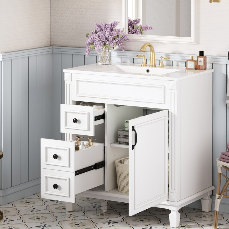 Meuble-lavabo moderne de 76 cm (30 pouces) avec lavabo en céramique, poignées en forme de bouton et étagère réglable, gain de place dans les petits espaces, lavabo de 76 cm (30 pouces), tiroirs à fermeture amortie.