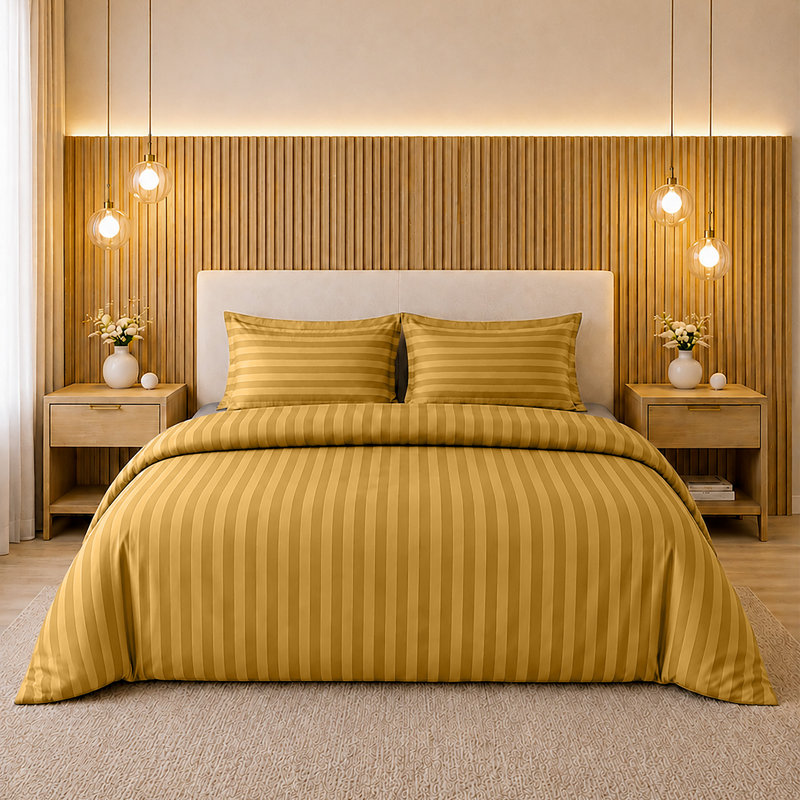 Microfiber Striped Duvet Cover Set with Pillowcases Included, Ochre Striped